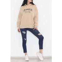 Baskılı Kapşonlu Sweat Bej - 438.1145.