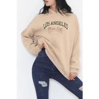 Baskılı Kapşonlu Sweat Bej - 438.1145.