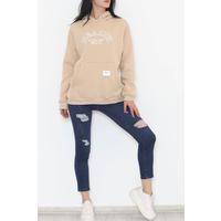 Baskılı Kapşonlu Sweat Bej - 457.1145.