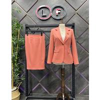 Brooch Detail Skirt Suit Orange