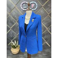 Brooched Knitted Fabric Jacket Saks Blue