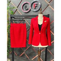 Brooch Knitted Fabric Skirt Suit Red