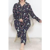 Plus Size Buttoned Pajama Set Navy Blue - 12521.1048.