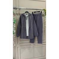 Stripe Detailed Zippered Double Suit. Grey