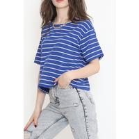 Çizgili Crop Tişört Saks - 9525.1567.