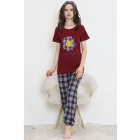 Desenli Pijama Takımı Bordo1 - 15279.1773.