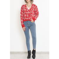 Buttoned Lettered Pique Knit Cardigan Red - 15168.1319.