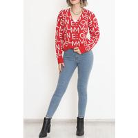 Buttoned Lettered Pique Knit Cardigan Red - 15168.1319.