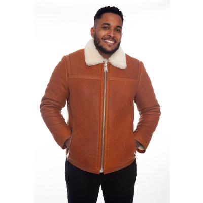 Men's Leather Banded Sheepskin Casual Jacket, Washed Tan with White Wool E26-WSD-WSY-WSW