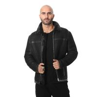 Men's Leather Banded Sheepskin Casual Jacket, Washed Black with Black Wool E26-WSD-BLK-TTSW