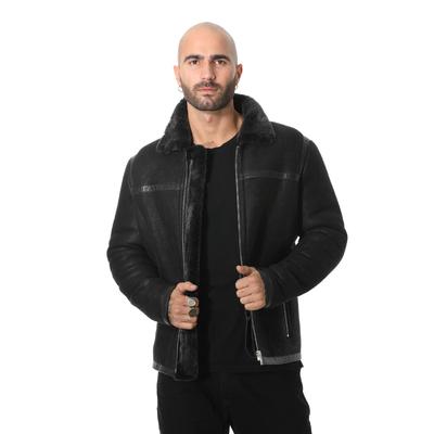 Erkek Deri Bantlı Koyun Derisi Günlük Ceket, Yıkanmış Siyah, Siyah Yünlü E26-WSD-BLK-TTSW