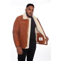 Men's Leather Banded Sheepskin Casual Jacket, Washed Tan with White Wool E26-WSD-WSY-WSW