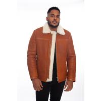 Men's Leather Banded Sheepskin Casual Jacket, Washed Tan with White Wool E26-WSD-WSY-WSW