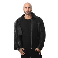 Men's Leather Banded Sheepskin Casual Jacket, Washed Black with Black Wool E26-WSD-BLK-TTSW
