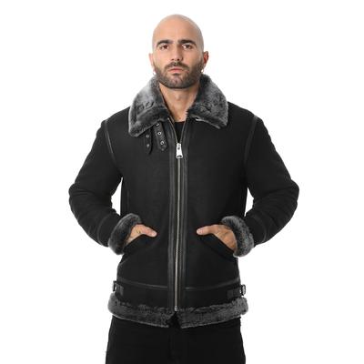 Erkek Shearling Aviator Ceket, Brissa Yünlü Yıkanmış Siyah E1-WSD-BLK-BSW