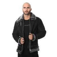 Erkek Shearling Aviator Ceket, Brissa Yünlü Yıkanmış Siyah E1-WSD-BLK-BSW