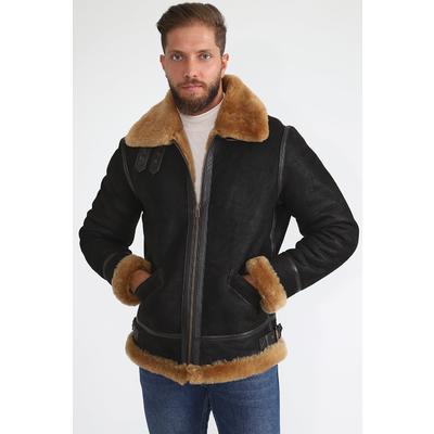 Erkek Shearling Aviator Ceket, Yıkanmış Kahverengi, Zencefil Yünlü E1-WSD-BRN-GSW