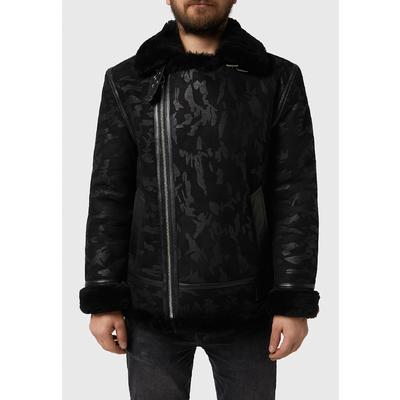 Erkek Shearling Biker Ceket, Kamuflaj Baskılı Siyah Yün E6-CME-BLK-TTSW