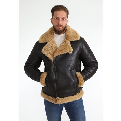 Erkek Shearling Biker Ceket, Vintage Kahverengi, Kızıl Kıvırcık Yünlü E6-VTG-BRN-GCW