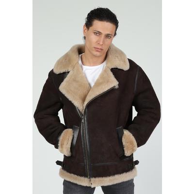 Erkek Shearling Biker Jacket, Şampanya Yünlü Yıkanmış Kahverengi E6-WSD-BRN-CSW