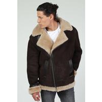 Erkek Shearling Biker Jacket, Şampanya Yünlü Yıkanmış Kahverengi E6-WSD-BRN-CSW