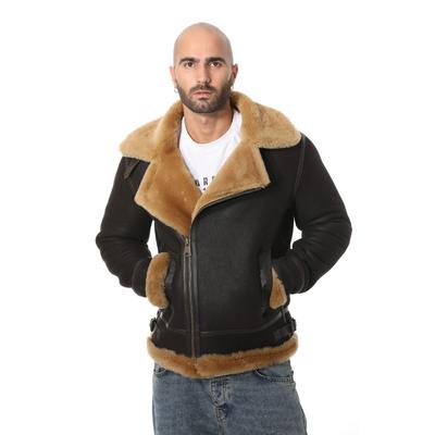 Erkek Shearling Biker Jacket, Yıkanmış Kahverengi ve Zencefil Yünü E6-WSD-BRN-GSW1