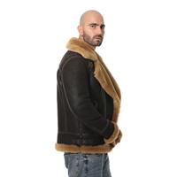 Erkek Shearling Biker Jacket, Yıkanmış Kahverengi ve Zencefil Yünü E6-WSD-BRN-GSW1