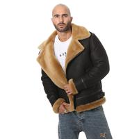 Erkek Shearling Biker Jacket, Yıkanmış Kahverengi ve Zencefil Yünü E6-WSD-BRN-GSW1