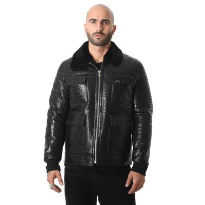 Erkek Shearling Bomber Ceket, Siyah Timsah Kabartmalı Siyah Yün E21-CRO-BLK-TTSW