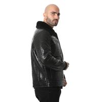 Erkek Shearling Bomber Ceket, Siyah Timsah Kabartmalı Siyah Yün E21-CRO-BLK-TTSW