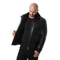 Erkek Shearling Bomber Ceket, Siyah Timsah Kabartmalı Siyah Yün E21-CRO-BLK-TTSW