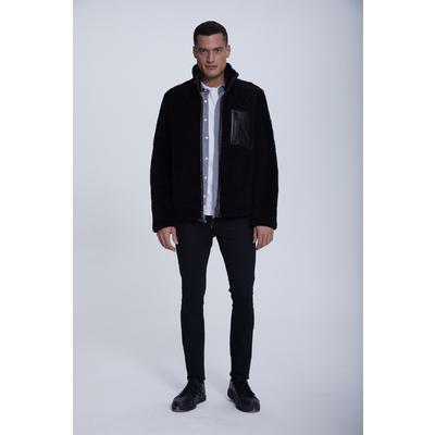 Erkek Sheepkins Günlük Ceket, Siyah Kıvırcık Yünlü İpeksi Siyah E20-SKY-BLK-BCW