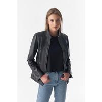 Zipper Hem Detail Leather Jacket, Black B754-NAP-BLK