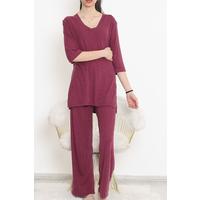 Ribbed V-Neck Polyviscon Suit Plum - 903.1287.