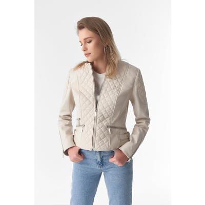 Genuine Leather Quilted Biker Jacket, Beige B763-NAP-BGE