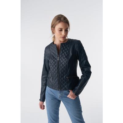 Genuine Leather Quilted Biker Jacket, Navy B763-NAP-NVB