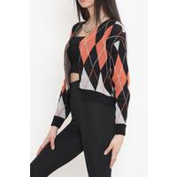 Interlocked Checkered Pattern Cardigan Black-Orange - 15160.1319.