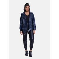 Women's Genuine Leather Belted Biker Jacket,Nappa Navy.B21-NAP-NVB