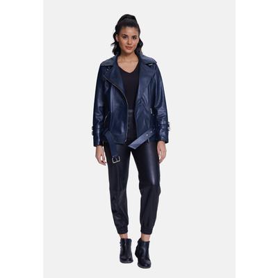 Women's Genuine Leather Belted Biker Jacket,Nappa Navy.B21-NAP-NVB