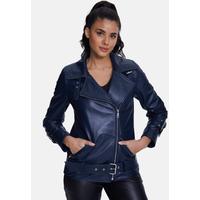 Women's Genuine Leather Belted Biker Jacket,Nappa Navy.B21-NAP-NVB
