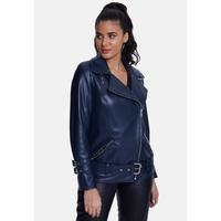 Women's Genuine Leather Belted Biker Jacket,Nappa Navy.B21-NAP-NVB