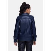 Women's Genuine Leather Belted Biker Jacket,Nappa Navy.B21-NAP-NVB