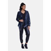 Women's Genuine Leather Belted Biker Jacket,Nappa Navy.B21-NAP-NVB