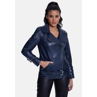 Women's Genuine Leather Belted Biker Jacket,Nappa Navy.B21-NAP-NVB