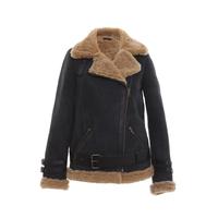 Women's Shearling Belted Biker Jacket, Anthracite Suede with Ginger Curly Wool B21-SDE-ANT-GCW