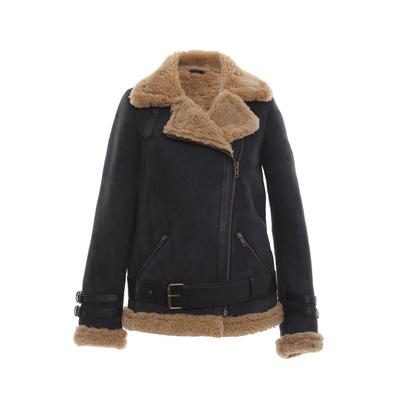 Women's Shearling Belted Biker Jacket, Anthracite Suede with Ginger Curly Wool B21-SDE-ANT-GCW
