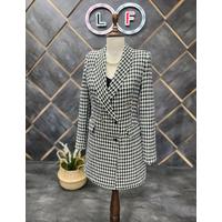 Houndstooth 6 Button Shawl Collar Jacket Khaki