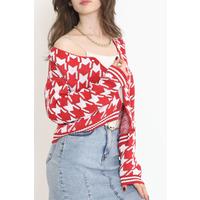 Houndstooth Crop Buttoned Cardigan Red - 15157.1319.