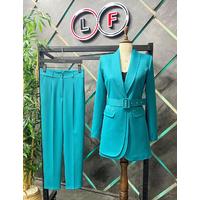 Belted Double Cap Suit Turquoise