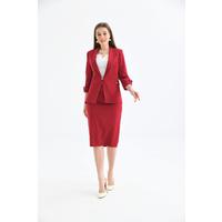 Sleeve Detailed Skirt Suit Claret Red